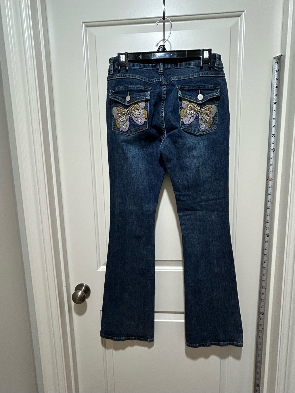 Shein Women's Size 8/10 Dark Blue Flared Jeans With Butterfly Pocket Detail